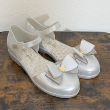 Mini Melissa Barbie Jelly Sandals Metallic White Bow Heart Vegan Big Kid Flats 4