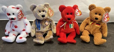 Lot TY Beanie Bears 2000 Chinook Canada, Clubby III, 1999 Osito Mexico, Germania