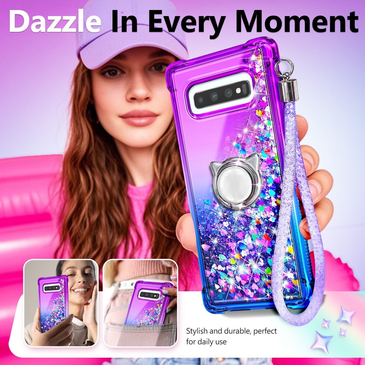 For Samsung Galaxy S10 Case Liquid Glitter Cover + Lanyard