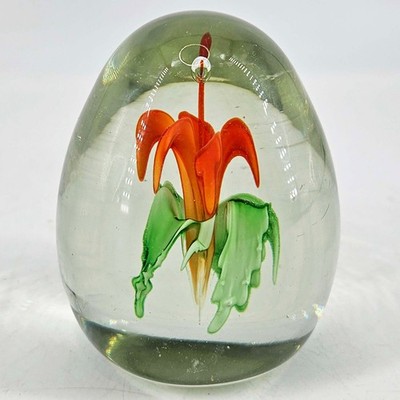 Studio Art Glass hand blown orange flower green leaves paperweight