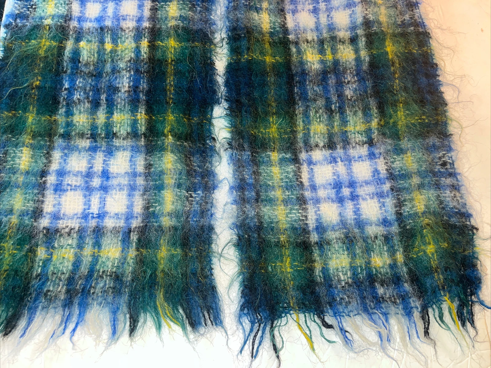 Hand Woven Mohair Wool Tartan Plaid Scarf Wrap Fringe Fuzzy Scotland Blue Green