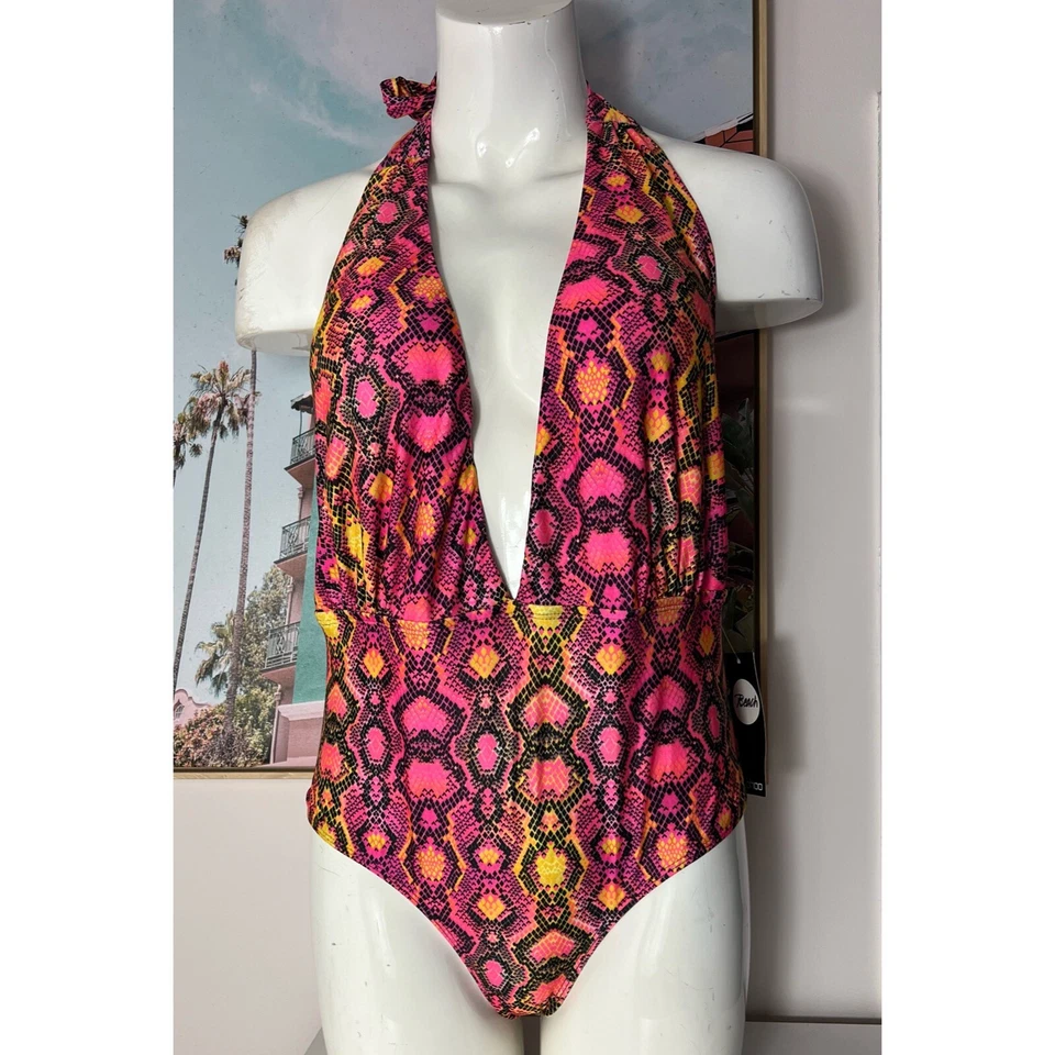 Traje de baño Boohoo rosa amarillo neón estampado de serpiente Marruecos inmersión profunda de una pieza talla 12 Foto 4 de 4