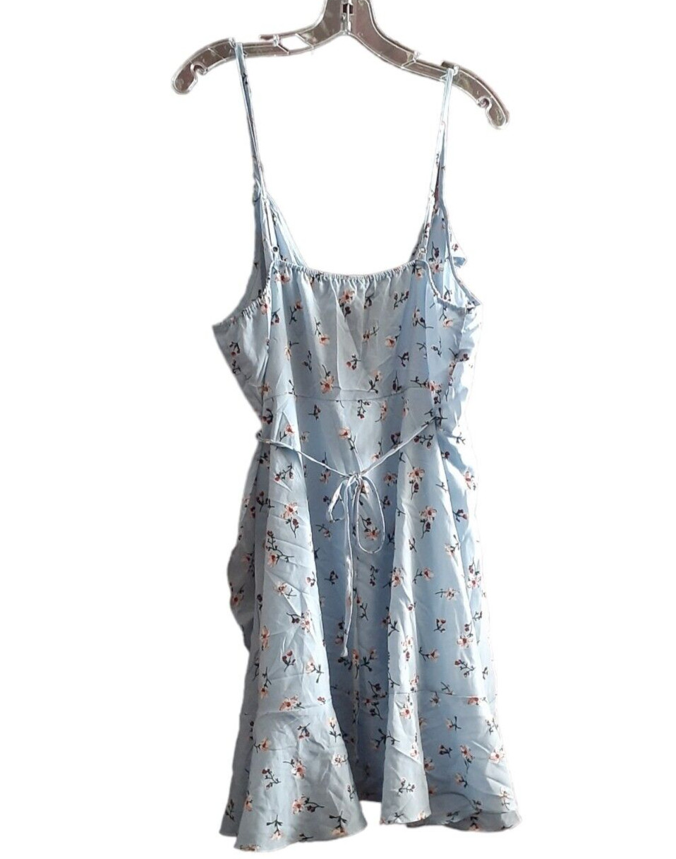 Romwe Sundress Dress Spaghetti Strap Wrap Floral Ruffle Blue Vacation Cruise XL*