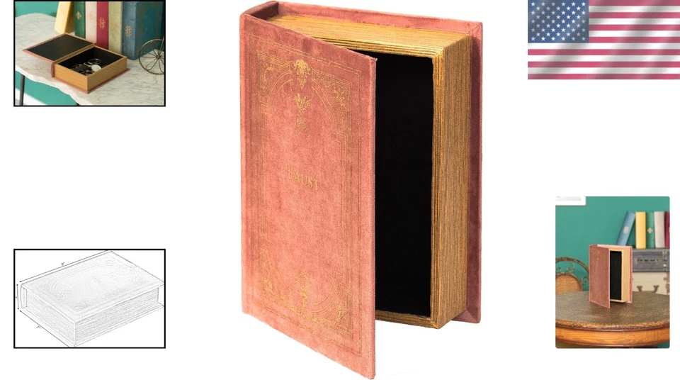 Antique Brown Book Box - Stackable Wooden Trinket Storage with Fabric Lining - Image 2 of 4