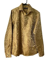 BARRY.WANG Men’s Woven Paisley Silk Long Sleeves Gold Small Dress Shirt 