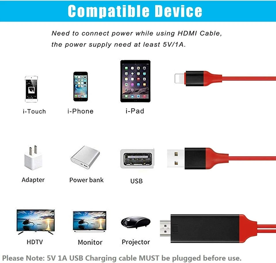 For iPhone iPad 1080P HDMI Mirroring AV Cable Phone to TV HDTV Adapter Sync Cord - Image 3 of 4