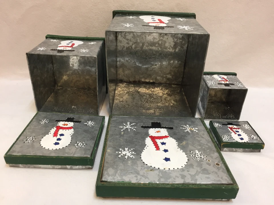 Snowman Nesting Boxes Square Empty Metal Painted Wood Trim With Lids Set of 3 - Image 3 of 4