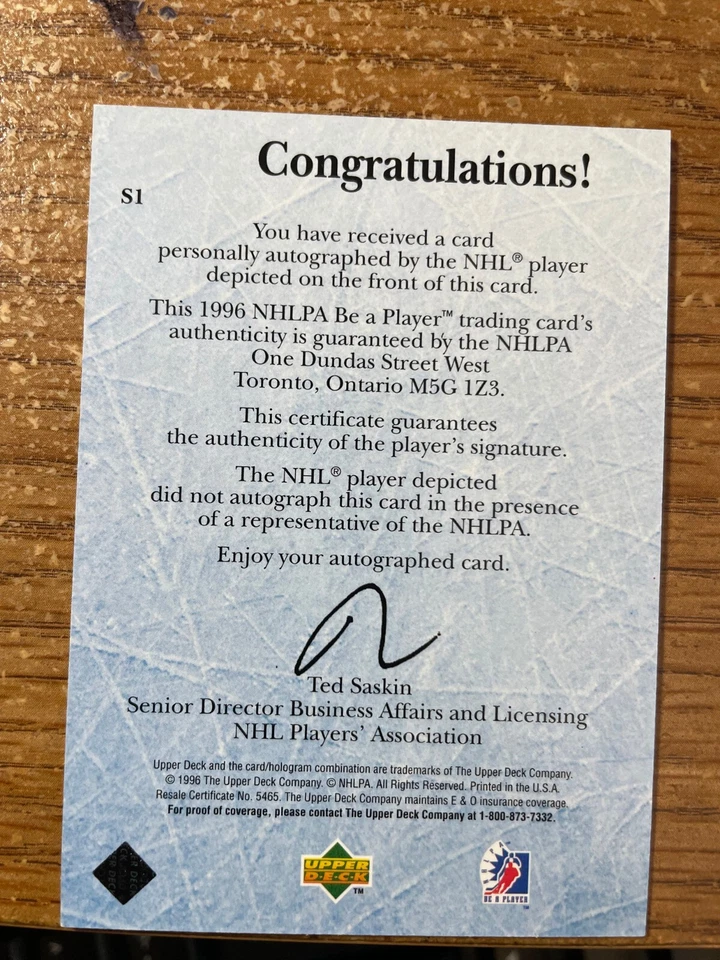 Brett Hull autographed  card 1996 Upper Deck COA  Hockey HOF St L  Bobbie son - Image 2 of 2