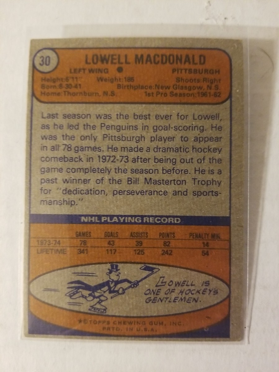 1974-75 Topps Hockey Card - #30 Lowell MacDonald - Pittsburgh