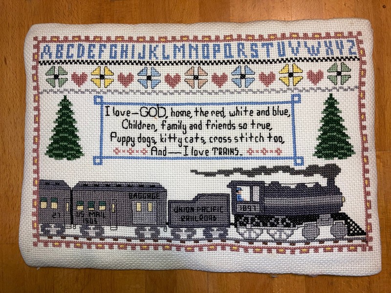 Railroader's gift - a completed stitchery project (abandoned storage unit find)