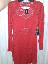NWT Express Womens Lace Long Sleeve Open Back Dress Red Pink Medium w Garment...