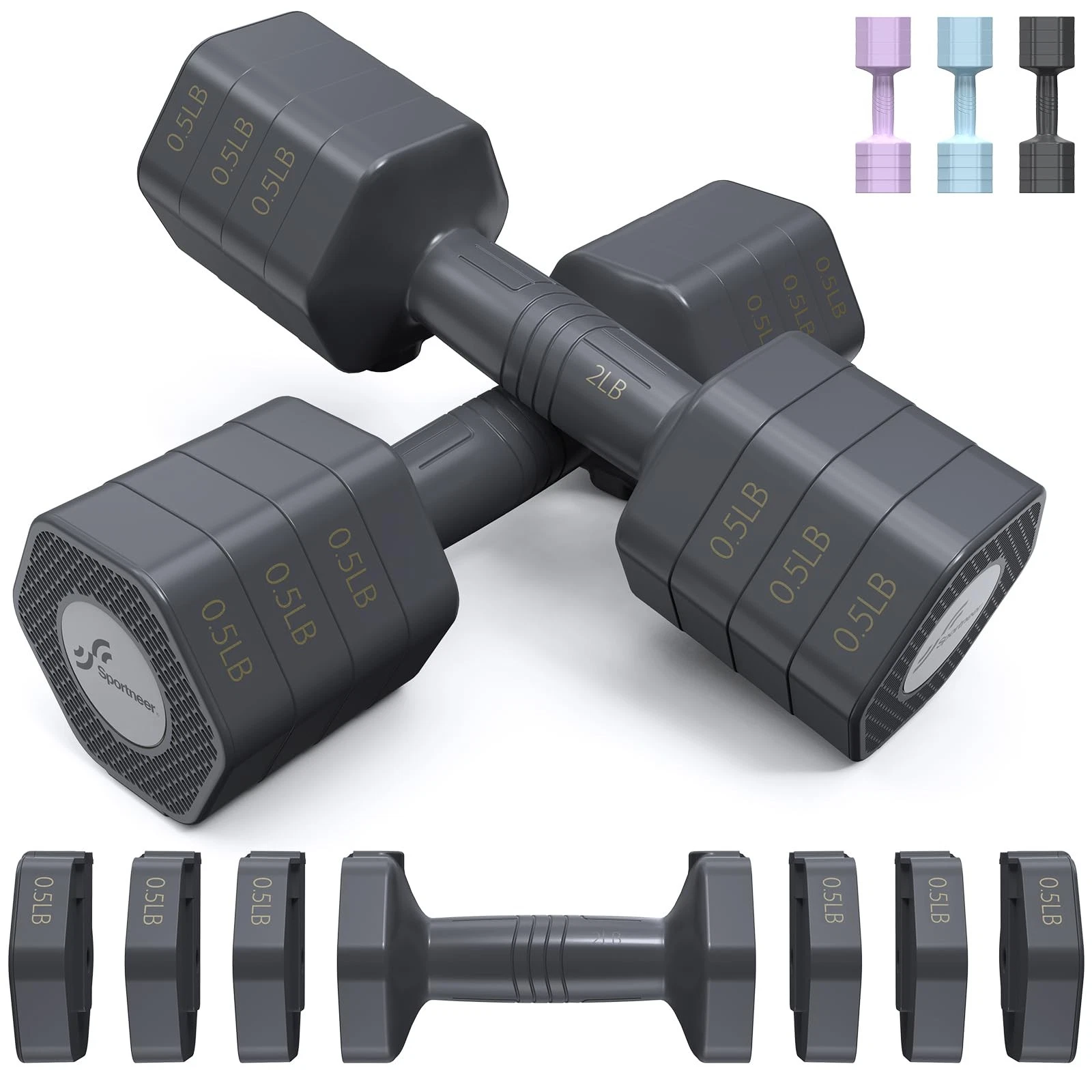 Adjustable Dumbbells Hand Weights Set: 4 In 1 Weight Each 2lb 3lb 4lb 5lb Fre...
