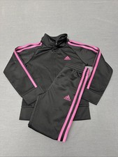 Adidas 2-Piece Tricot Track Jacket  Pants Set Black/Pink Stripes Girls Sz 5
