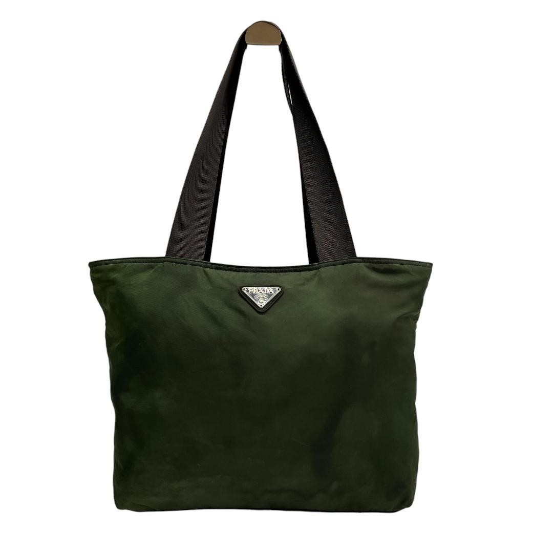 Prada Khaki Nylon Tote Bag with Triangle Plate and White Tag