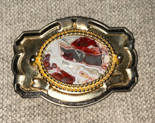 Western Style Belt Buckle -Gold / Black w/ White Red and Gray Agate Cab See Pics