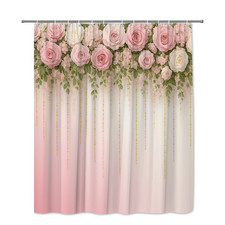 Floral Pink Shower Curtain with Roses and Hanging Decor