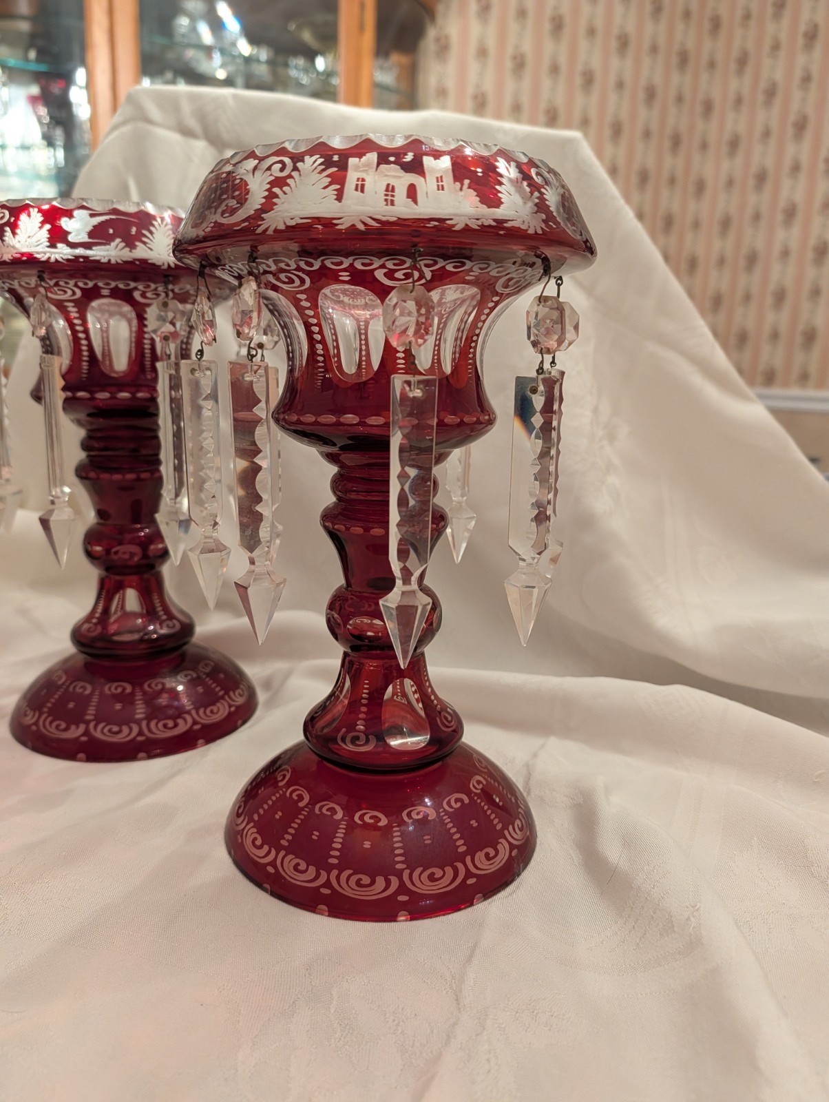 Set of 2 - Bohemian Ruby Red Cut Glass Mantle Lusters 11"