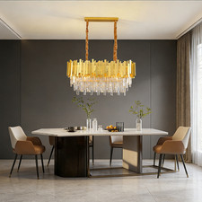 Modern Crystal Chandelier Dimmable Height-Adjustable Golden Ceiling Pendant Lamp