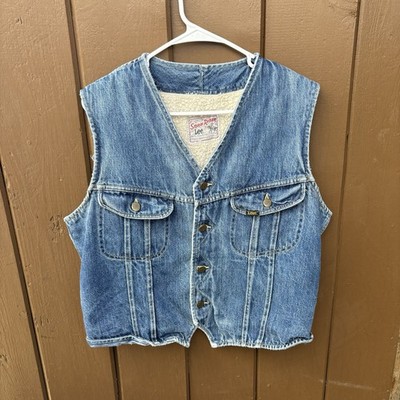 Vintage 70s 80s Lee Storm Rider Dark Wash Sherpa Fleece Denim Vest USA Medium