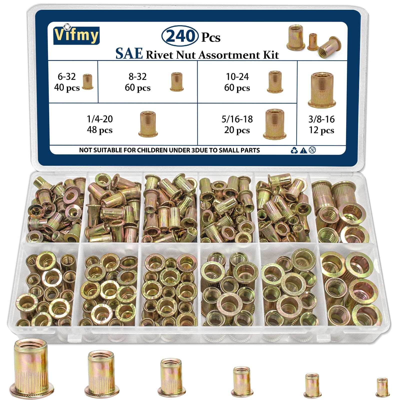 Vifmy SAE Rivet Nut Assortment Kit,240Pcs - 240 Pcs, Yellow