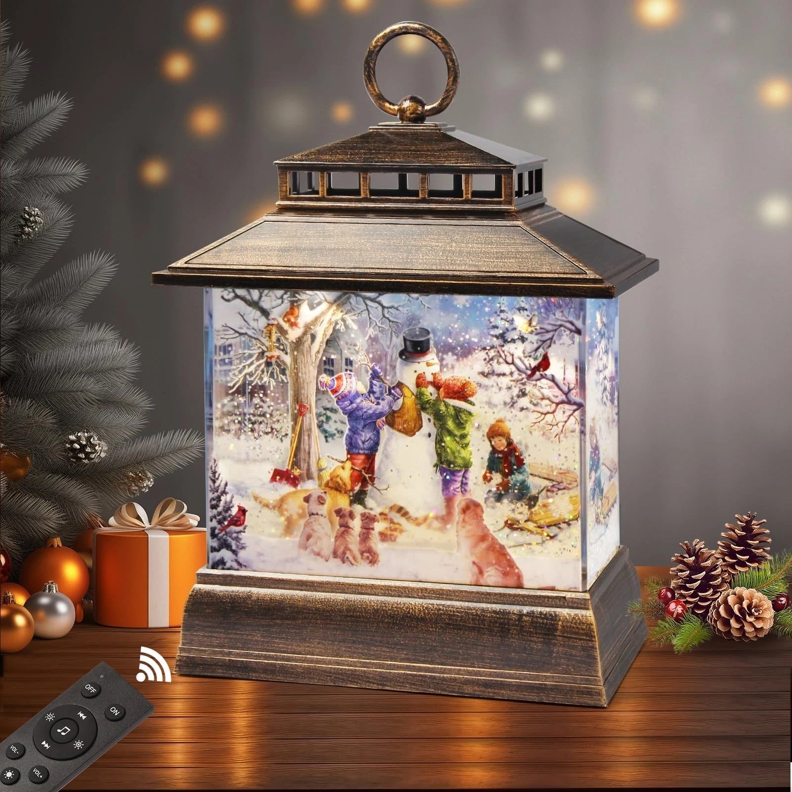 Christmas Snow Globe Lantern Water Glittering Lantern with 8 Songs & 6H Timer