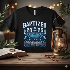 Baptized 2025 Christian T-Shirt God Acts 2:38 Bible Verse Religious Faith Tee