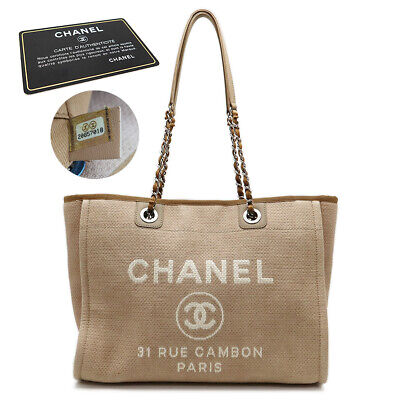 CHANEL A67001 Deauville Line MM Chain Tote Bag Leather Beige 230821T 