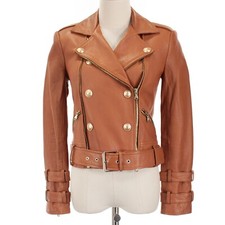 L'agence Nwd Double Breasted Short Leather Moto Jacket Size Xs In Brown W/ Gold