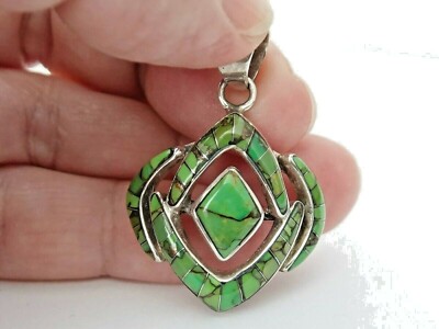 SS 925 Modern Setting Green Turquoise Pendant - 1 3/4 inch length 