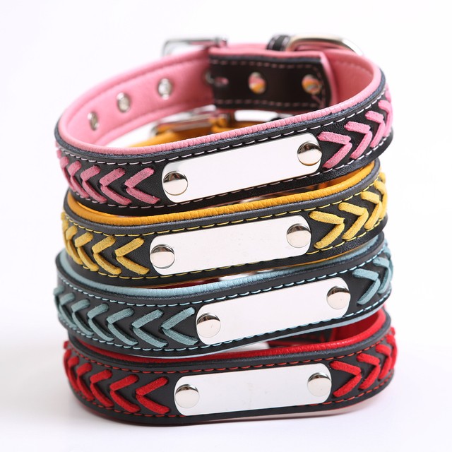 Braided Custom Personalized Dog Collar Leather Padded Dog Pet ID Name