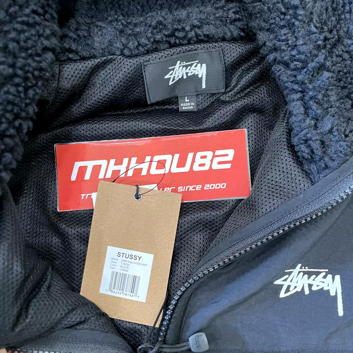 New Stussy Sherpa Paneled Hooded Jacket Fleece Zip Up Black Size L