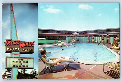 Albuquerque New Mexico NM Postcard Trade Winds Motor Hotel Pool Dual View c1963