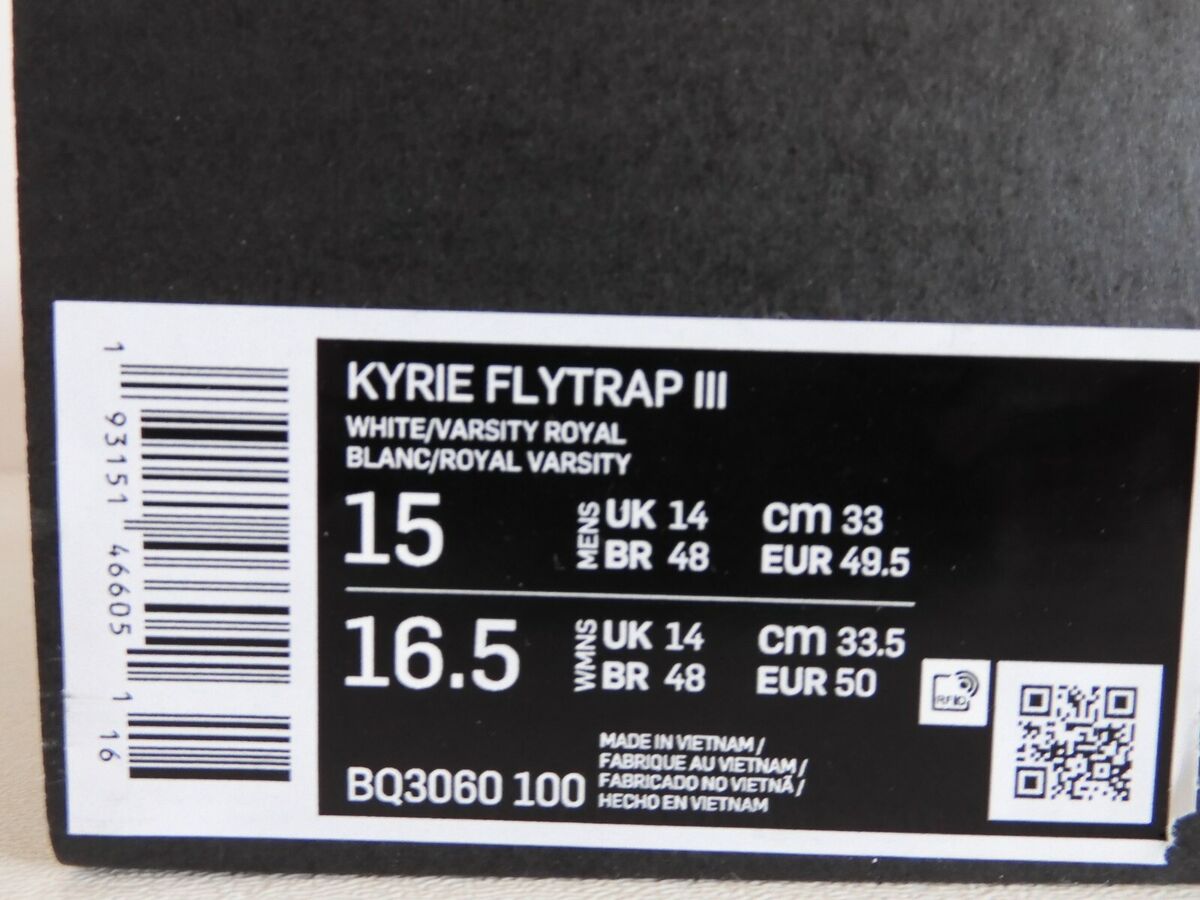 NIKE KYRIE FLYTRAP III 3 WHITE-VARSITY ROYAL BLUE SZ 15 NIKE KYRIE FLYTRAP III 3 WHITE-VARSITY ROYAL BLUE SZ 15