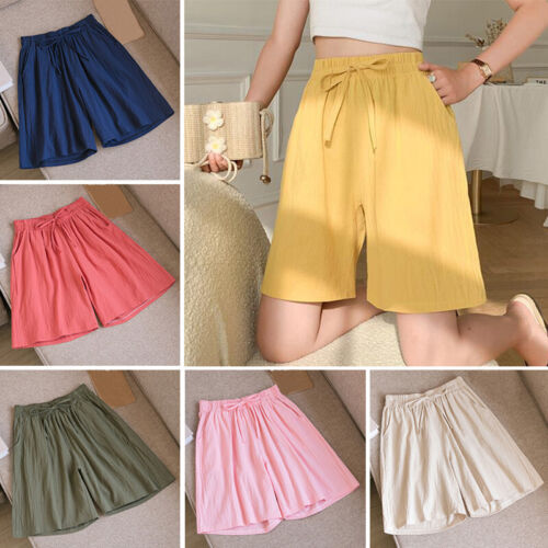 Summer Women Cotton Shorts Loose Fit High Waist Drawstring Wide Leg Pants  - Afbeelding 1 van 21