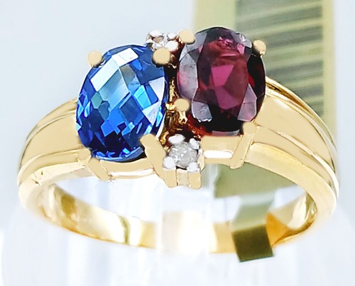 GENUINE 1.26 Ct GARNET /ROYAL BLUE TOPAZ & DIAMOND RING 10k GOLD -APPRAISAL FREE