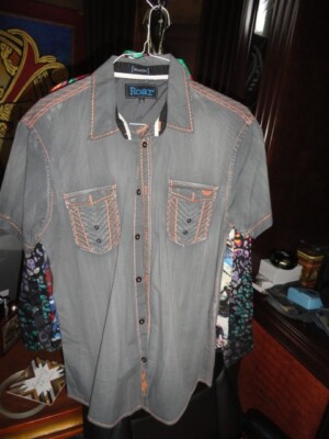 Roar Gray Signature Short Sleeve Button Up Shirt Size Medium