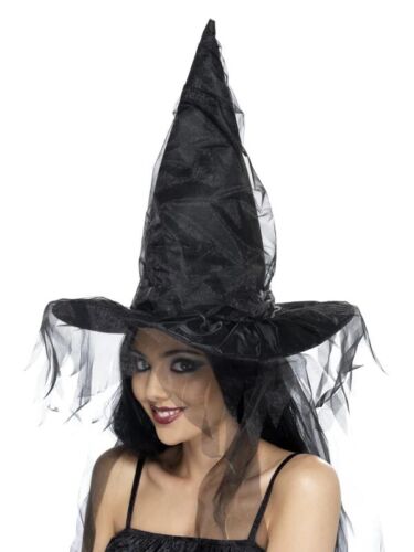 Black Witches Hat with Netting Costume Accessory Adult Halloween - Picture 1 of 2