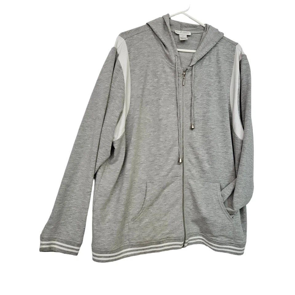Sport Savvy 女式 1X 灰色双色弹力全拉链连帽上衣  — 第 2/4 张图片