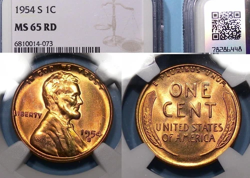 1954-S LINCOLN WHEAT CENT NGC MS 65 RD #619-56