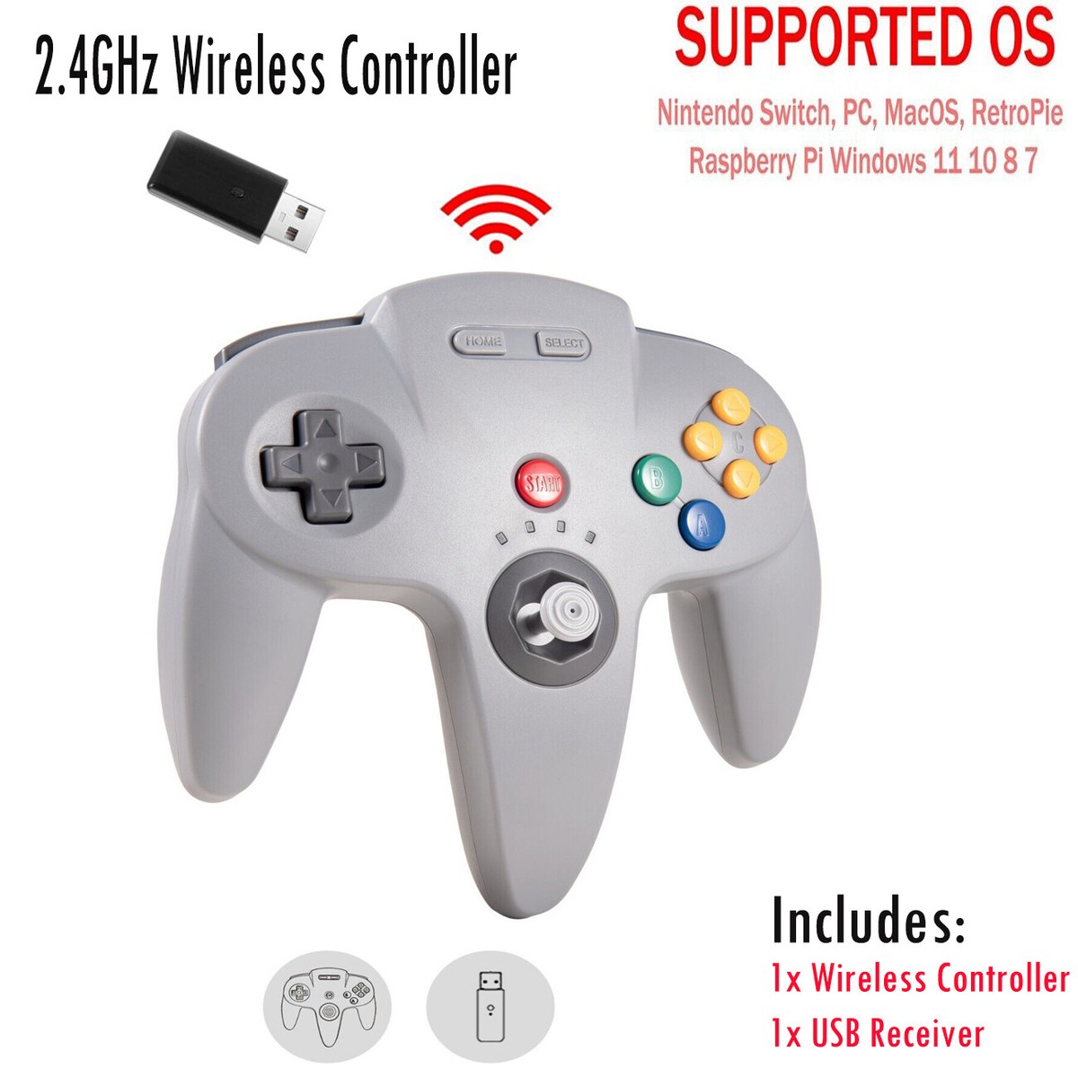 N64 2.4G Wireless Controller for Nintendo 64 (N64) Switch PC Mac