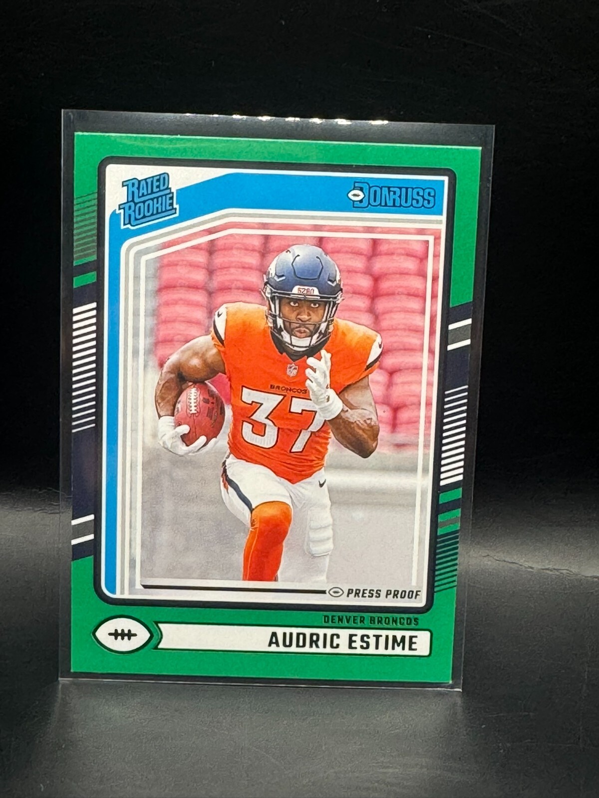 AUDRIC ESTIME 2024 Donruss Rated Rookie GREEN PRESS PROOF RC #335 Broncos