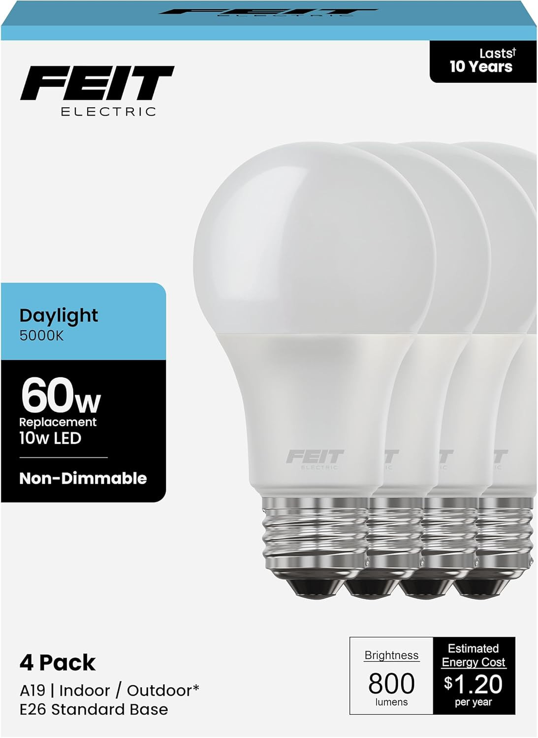 A19 LED Light Bulbs, 60W Equivalent, Non Dimmable, 800 Lumens, E26 Standard Base