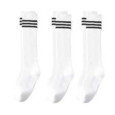 Cotton Knee High Socks for Girls,Long Tube 8-10 Years White 3 Pairs -Striped