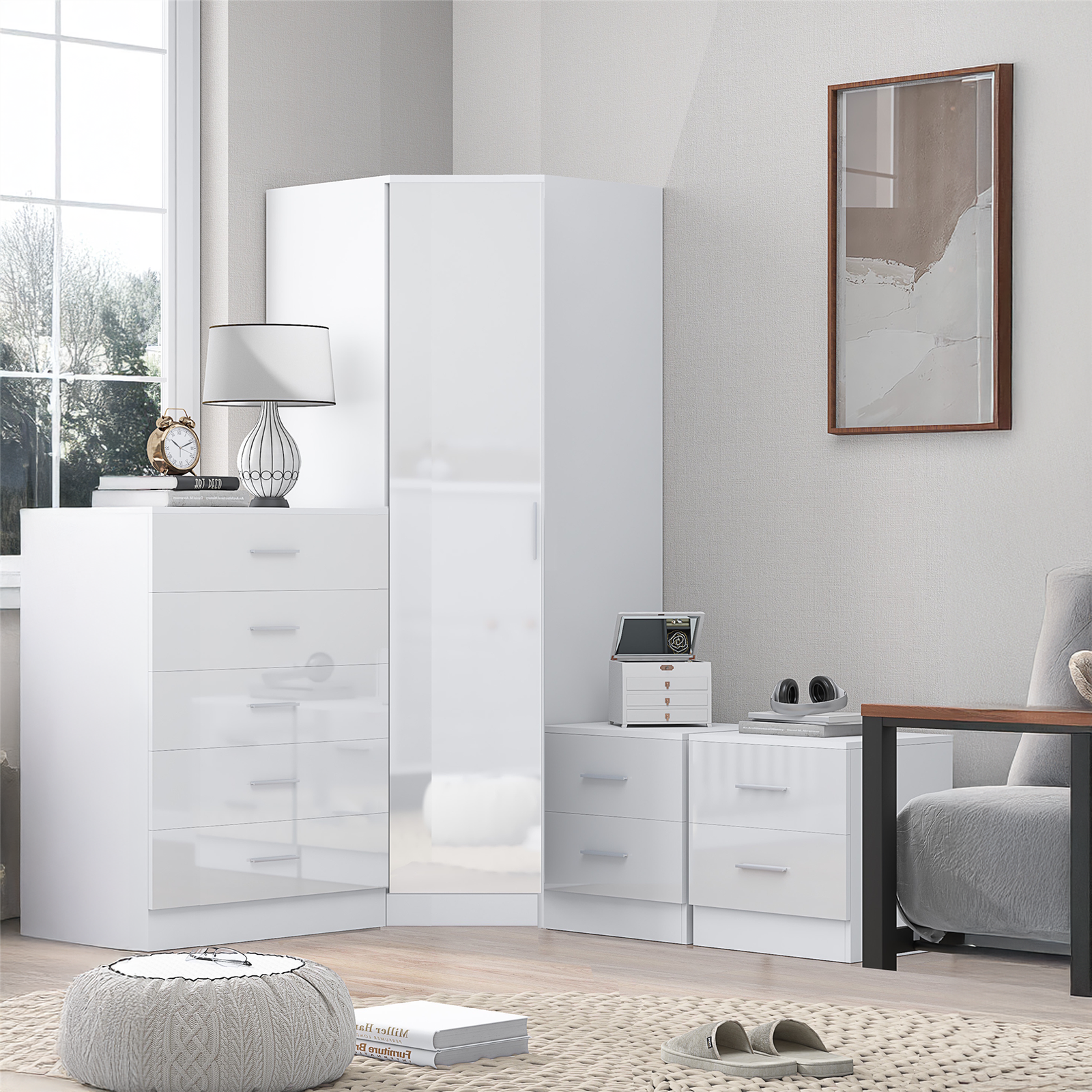 REFLECT Bundle - Corner Wardrobe + Chest + 2x 2 Drawer Bedsides - White/White