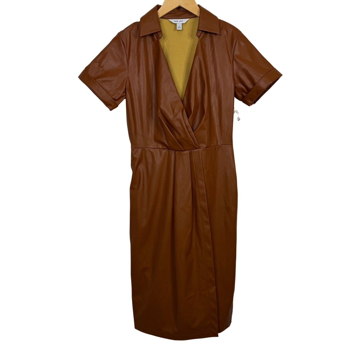nine west leather dress Nine West Faux Leather Wrap Midi Dress Cognac Brown Short Sleeve Small NWT