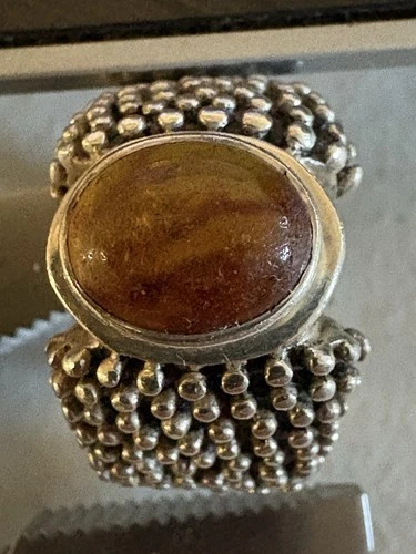 Vintage Sterling Silver Amber Ring-w/Ornate Trim-Christmas Holiday-Size 6.5