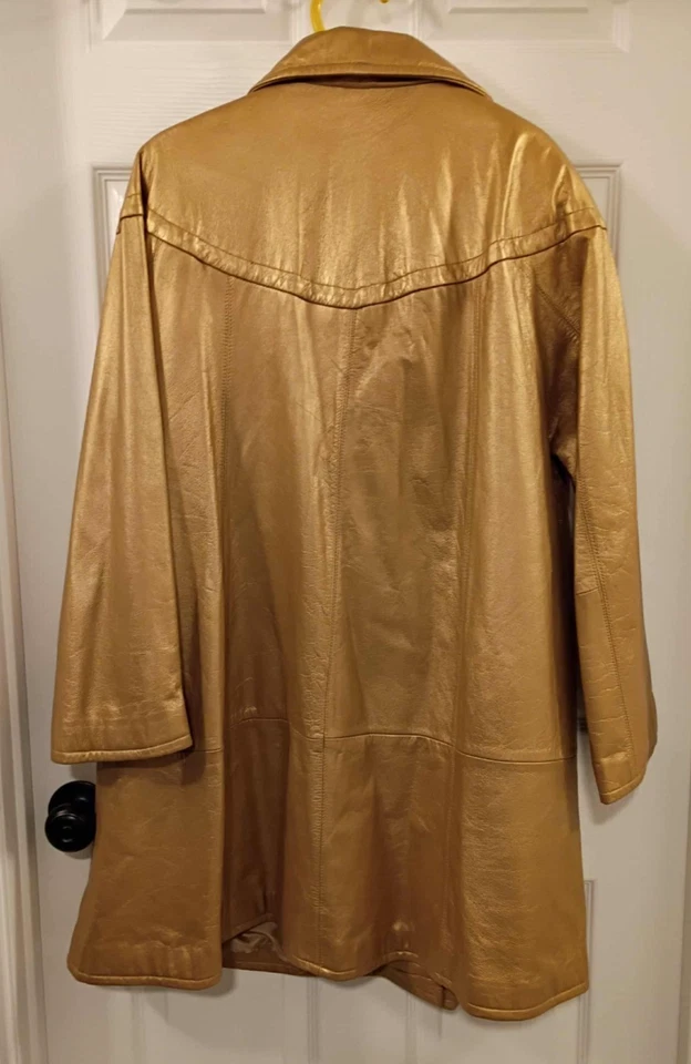 Women's Vintage Retro Glam Allison Woods Metallic Gold Leather Swing Coat Sz. M - Image 2 of 4