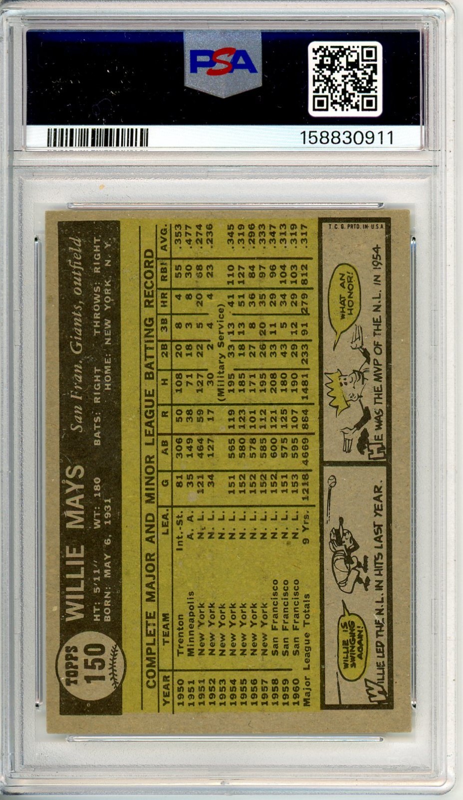 1961 Topps WILLIE MAYS #150 PSA Grade 6 EX-MT Cond "Just Graded INVEST" view 2