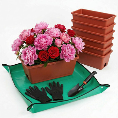 Red Window Box Planters, 7 Pack Rectangular Plastic Flower Planters Boxes with S