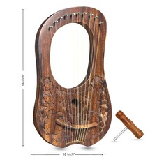 10 String Lyre Harp Solid Wood Engraved Floral Design w/ Tuning Key Carry Bag